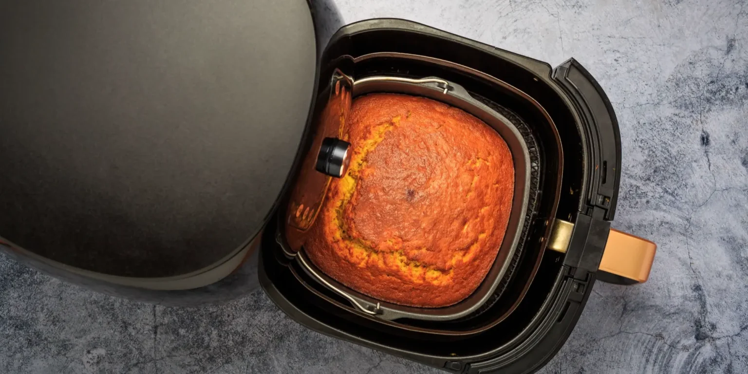 Bolo dourado e assado dentro de uma air fryer aberta, visto de cima. A massa cresceu de forma uniforme e apresenta uma coloração dourada apetitosa. A cena destaca a praticidade da air fryer no preparo de receitas como bolos, direto na cesta do aparelho.