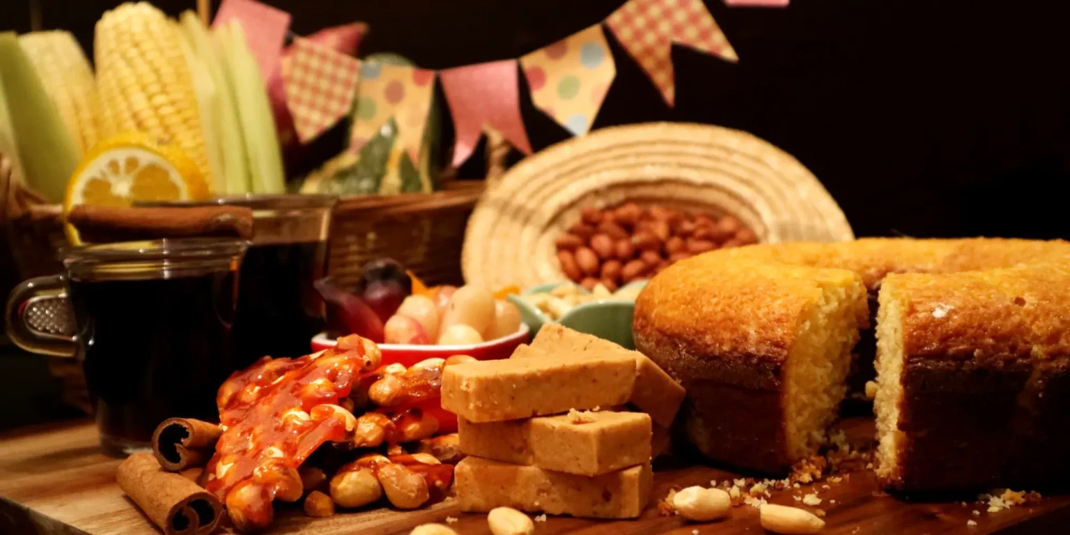 Mesa decorada com comidas típicas de festa junina, incluindo bolo de milho, pé-de-moleque, paçoca, milho verde, canjica, vinho quente com canela e amendoim. Ao fundo, bandeirinhas coloridas e chapéu de palha compõem o cenário temático tradicional e acolhedor das festas de São João.