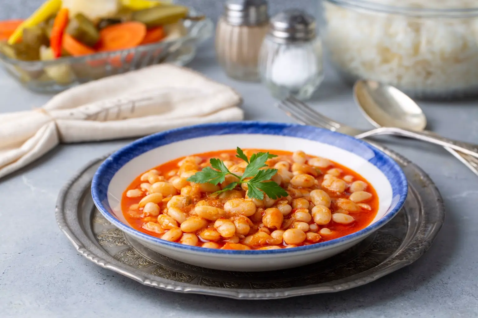 Prato fundo com feijão carioca cozido em caldo vermelho, servido com folhas de salsa fresca por cima. Ao fundo, arroz branco em tigela de vidro, talheres, guardanapo de tecido e picles variados, compondo uma refeição caseira, nutritiva e tradicional brasileira.