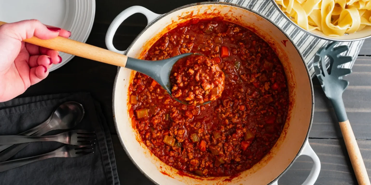 Panela com molho a bolonhesa ao lado de macarrão