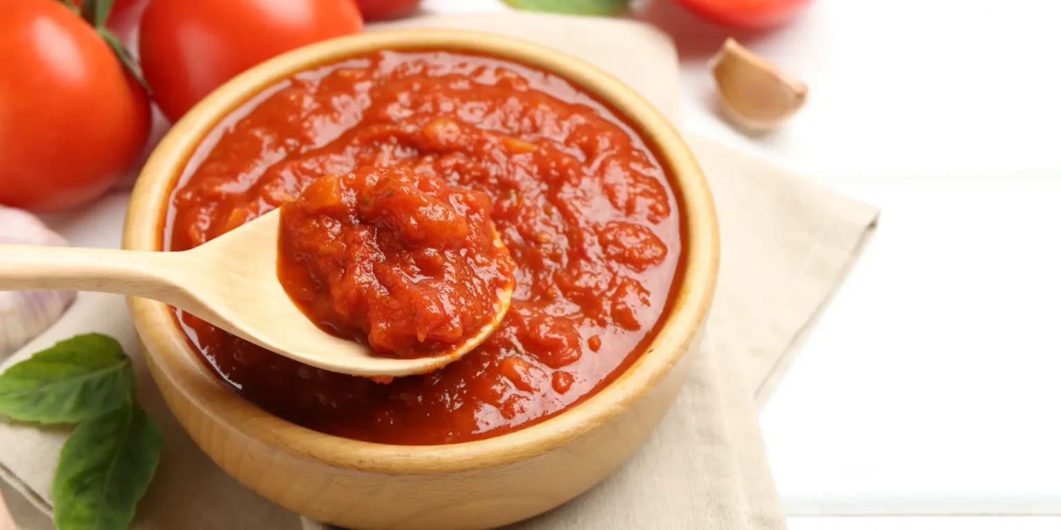 Molho de tomate caseiro servido em uma tigela de madeira, com textura rica e pedaços de tomate visíveis. Uma colher de madeira mostra a consistência do molho. Ao redor, ingredientes frescos como tomates, alho e folhas de manjericão, destacando a naturalidade e o sabor caseiro da receita.