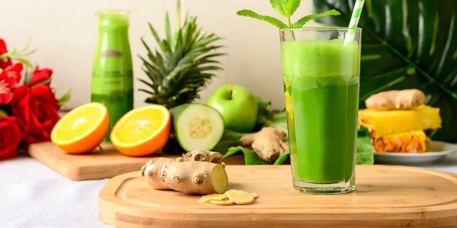 Copo com suco verde em cima de uma bancada com ingredientes atrás.