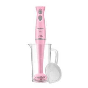 Mixer Britânia BMX370RS rosa com 350W de potência, função turbo e copo medidor transparente com tampa.