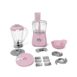 Multiprocessador Britânia BMP1100RS rosa com diversos acessórios e funções, incluindo liquidificador, ralador, fatiador e espremedor de frutas.