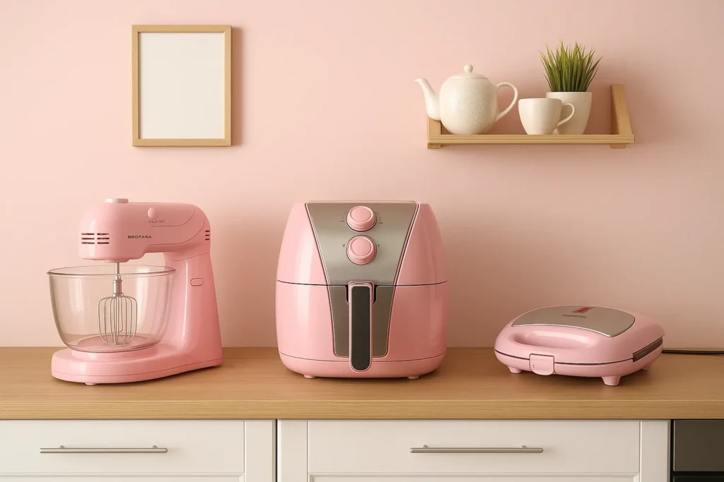 Linha de eletrodomésticos rosa da Britânia sobre bancada de cozinha, incluindo batedeira, air fryer e sanduicheira, em ambiente decorado com estilo retrô e minimalista.