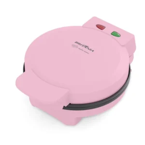 Waffle maker Britânia BWM05R rosa com luzes indicadoras de preparo e design arredondado, ideal para receitas doces e salgadas.