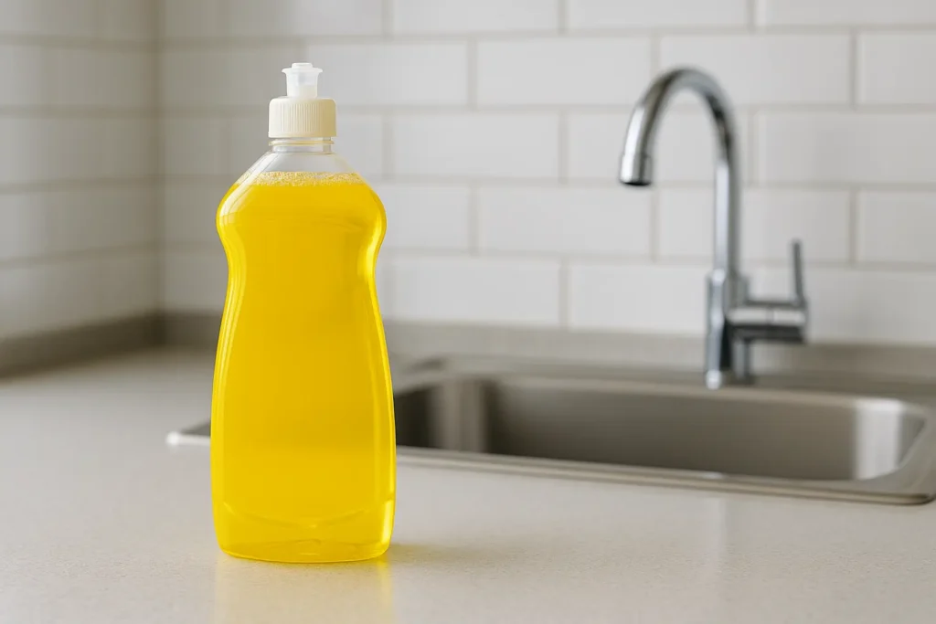 Garrafa plástica transparente com detergente líquido amarelo sobre bancada de cozinha moderna, ao lado de pia de inox e azulejo branco no fundo.