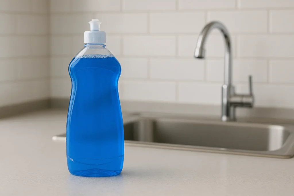 Garrafa plástica transparente com detergente líquido azul sobre bancada de cozinha moderna, ao lado de pia de inox e azulejo branco no fundo.