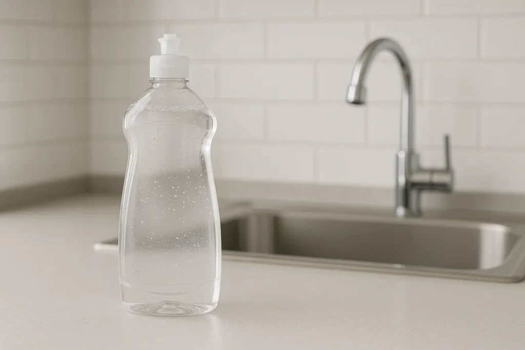 Garrafa plástica transparente com detergente líquido transparente sobre bancada de cozinha moderna, ao lado de pia de inox e azulejo branco no fundo.