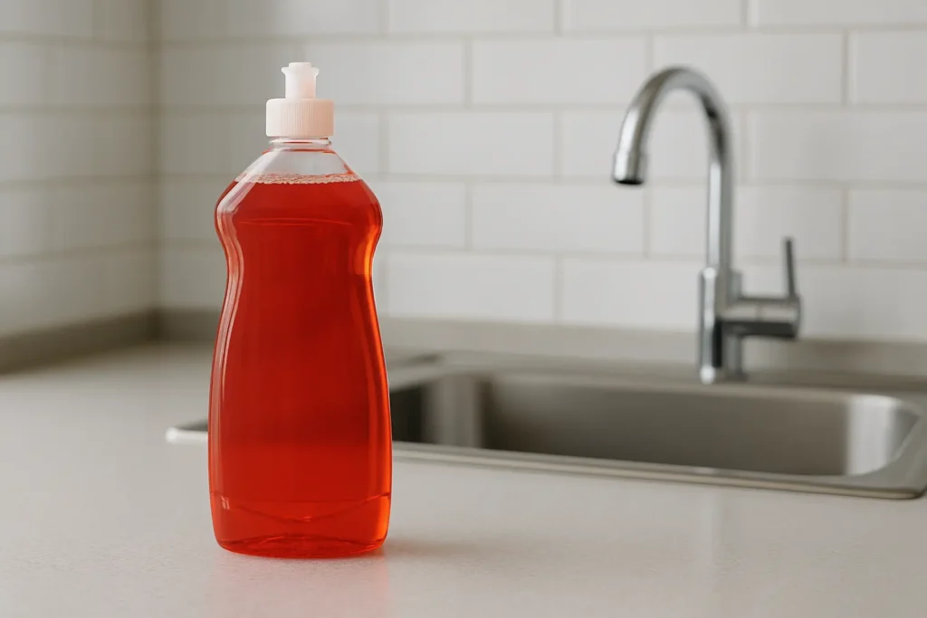 Garrafa plástica transparente com detergente líquido vermelho sobre bancada de cozinha moderna, ao lado de pia de inox e azulejo branco no fundo.