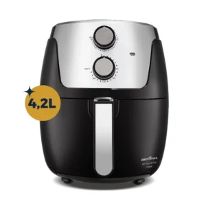 Fritadeira Air Fryer Britânia BFR38 4,2 litros 1500W preta com controle de tempo e temperatura, ideal para preparar carnes, legumes e lanches rápidos sem óleo.