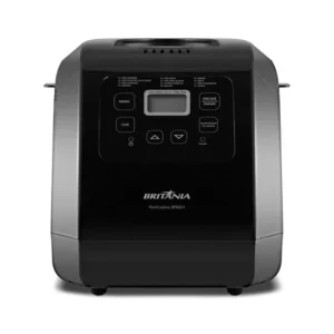 Panificadora Britânia BPNE01 preta com painel digital e múltiplos programas, perfeita para fazer pão caseiro, massas e receitas automáticas com facilidade.