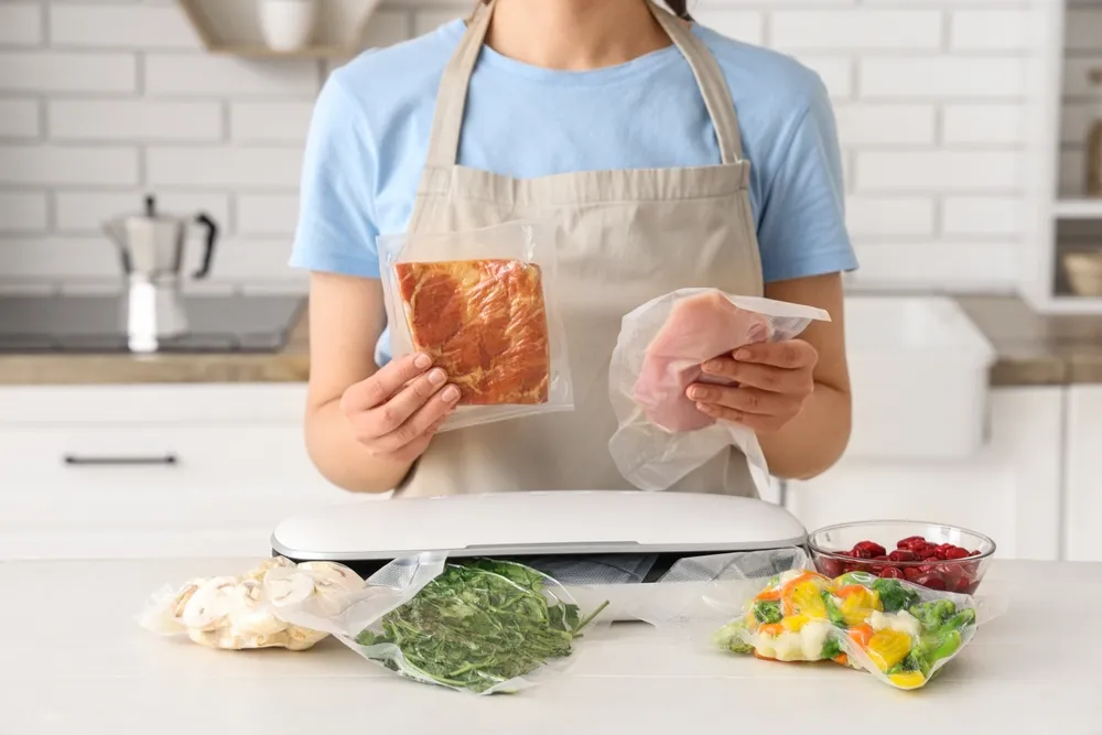 Jovem mulher com máquina de selador a vácuo, carne e vegetais em pacotes na mesa de cozinha