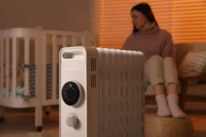 Jovem mulher perto de um berço e um aquecedor elétrico portátil moderno dentro de casa, com foco no aparelho.