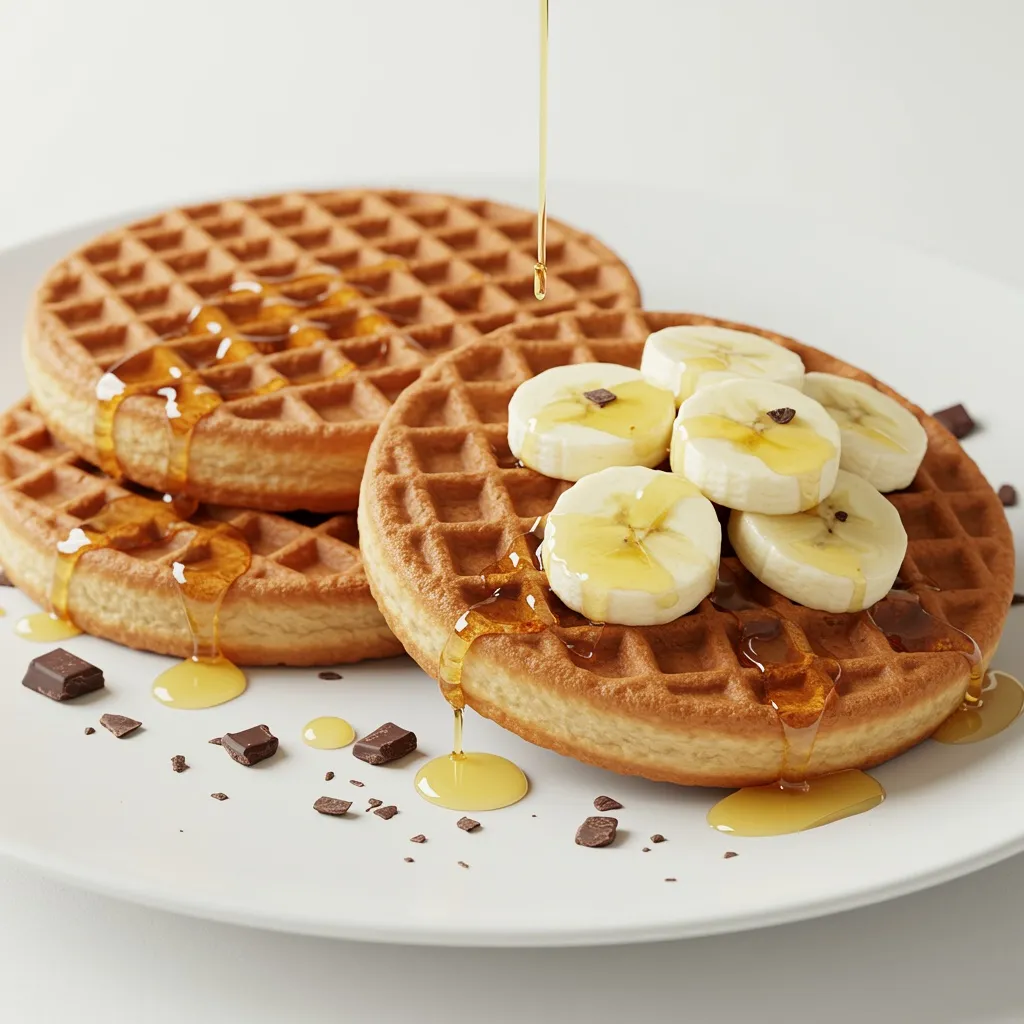 Três waffles redondos em um fundo branco, dois empilhados atrás e um na frente claramente visível, drizzled com mel dourado, coberto com bananas fatiadas e pequenas peças de chocolate espalhadas levemente para revelar a textura waffle, algumas coberturas derramando naturalmente sobre o prato, iluminação estúdio, sombras suaves, fotografia de alimentos ultra-realísticos, composição minimalista limpa, filmado em Fujifilm com uma lente de 50mm, atmosfera crocante e apetitosa