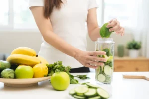 Desintoxicação de smoothie vegetal, mão de mulher fazendo suco de fruta verde fresco cru saudável com máquina de liquidificador, preparando bebida com espinafre na cozinha em casa, comendo dieta vegan. Dieta saudável, perda de peso.
